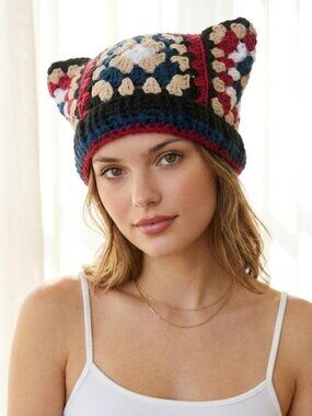 Handmade Crochet Granny Square Hat in Red, Black + Navy
